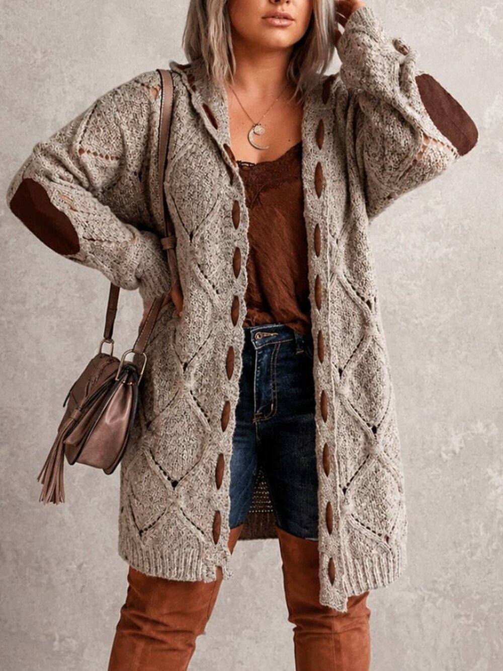Khaki Casual Women's Plus Size Hooded Cardigan With Elbow Patches